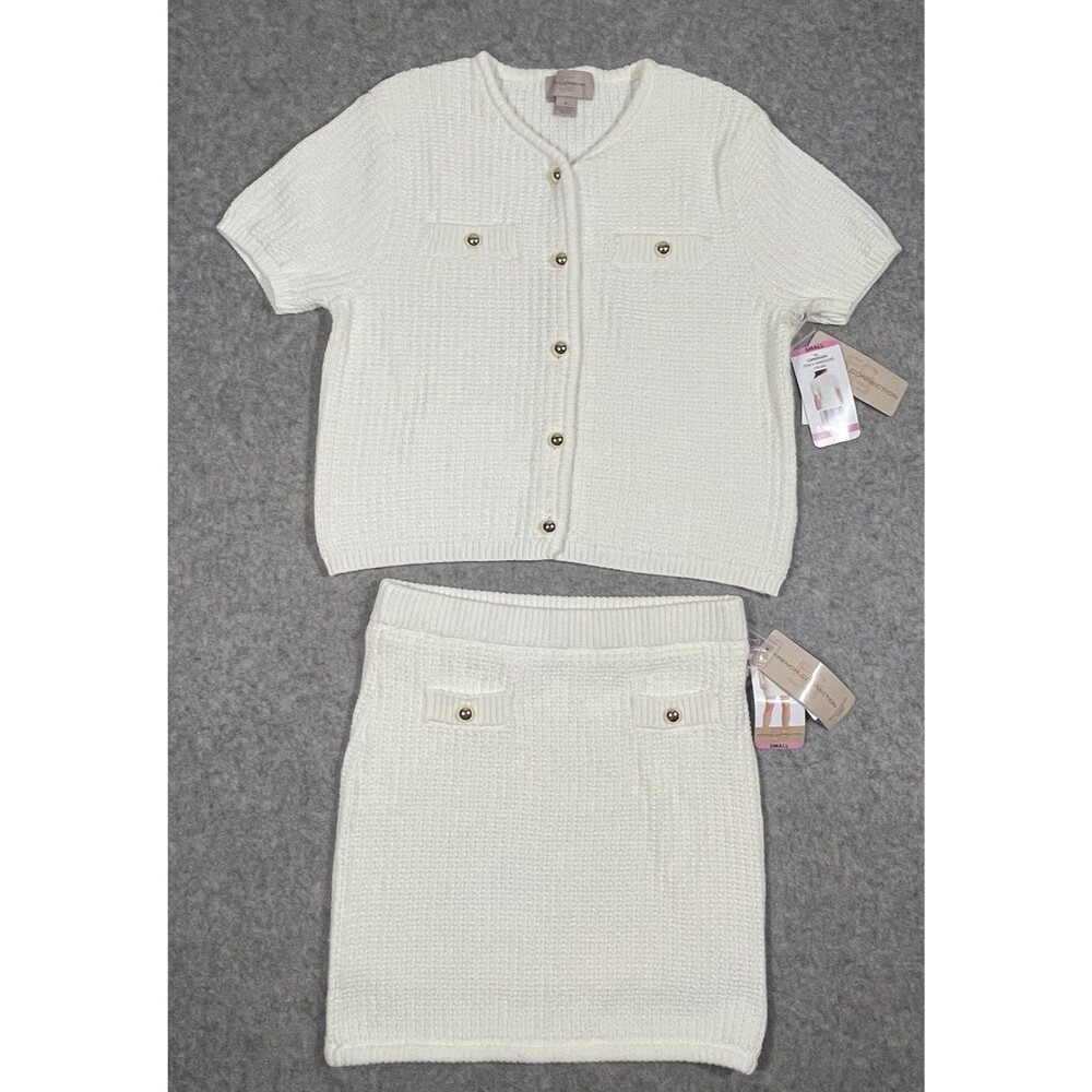 French Connection 2 Pc. Cream Knit Cardigan and Skirt Set Gold Buttons Small NWT
